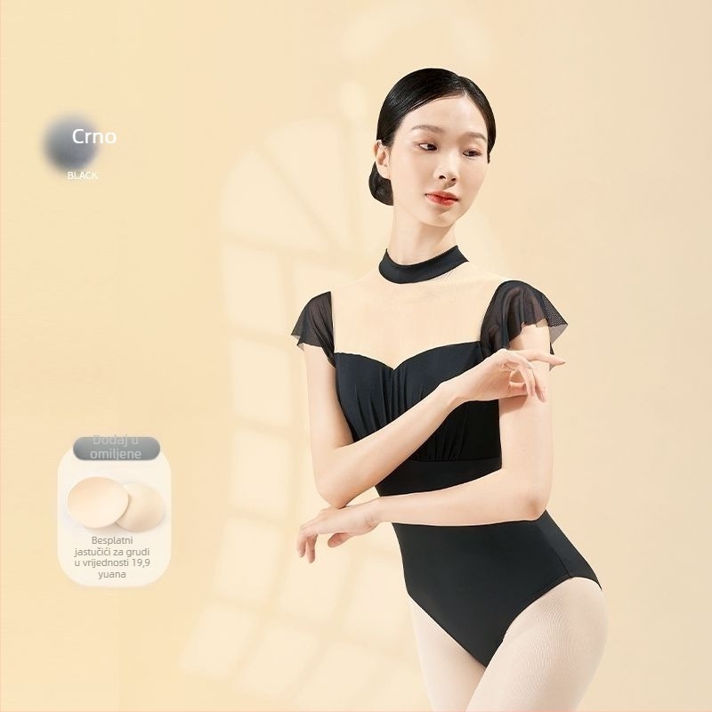 Ženska plesna odjeća za gimnastiku, balet bod s kratkim rukavima, bez leđa, stojeći ovratnik, proljeće 2025; TR tkanina; PVC sadržaj ≤ 30%