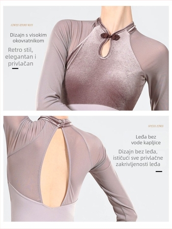 Odrasli baletni trening kombinezon, dugi rukavi, baršunasti detalj s kapljicom vode, najlonska tkanina s podstavom Spandex