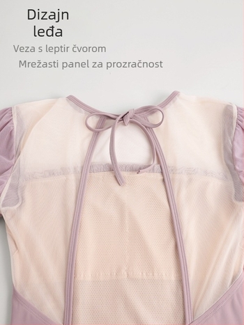 Ženski plesni kombinezon s kratkim rukavima i stražnjim vezivanjem, najlon tkanina; podstava od poliester vlakna s 22% elastana; za odrasle; pogodan za balet i moderni ples.