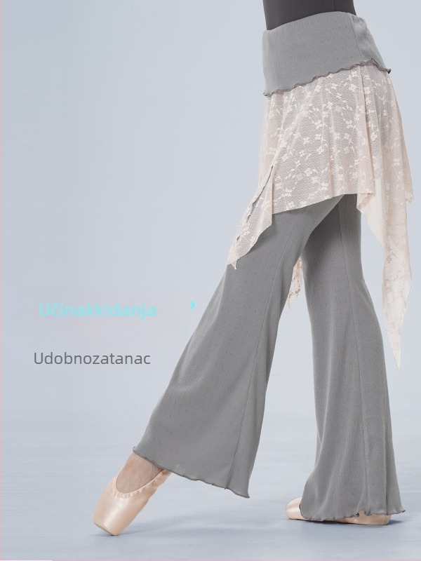 Plesne hlače za odrasle, visoki pojas, ravni kroj s proširenim donjim dijelom, dizajn za vizualno produženje nogu, 100% poliester s podstavom, jednodobojne za balet i klasični ples