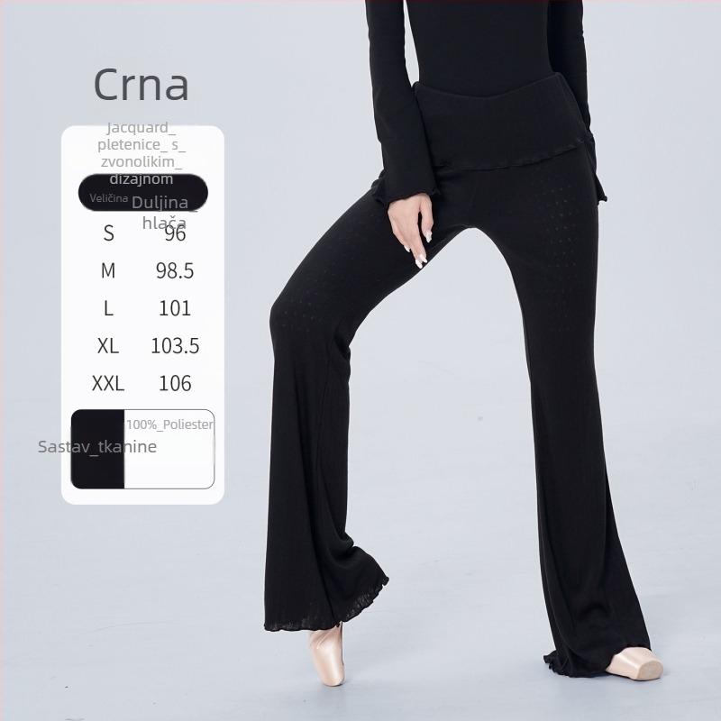 Plesne hlače za odrasle, visoki pojas, ravni kroj s proširenim donjim dijelom, dizajn za vizualno produženje nogu, 100% poliester s podstavom, jednodobojne za balet i klasični ples