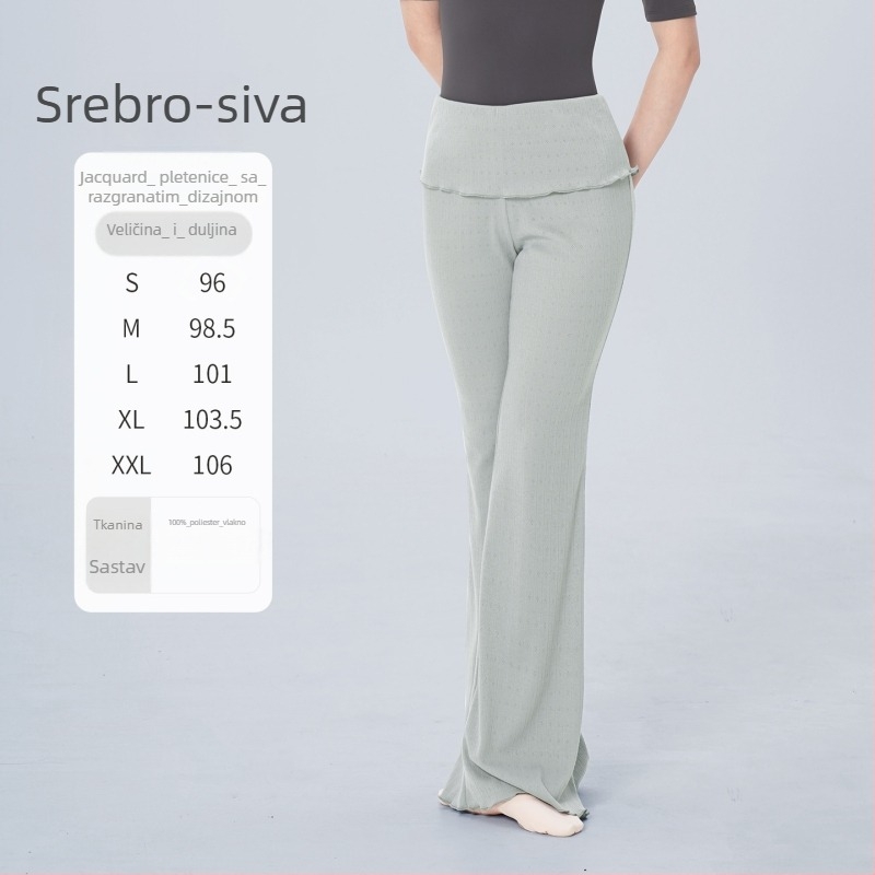 Plesne hlače za odrasle, visoki pojas, ravni kroj s proširenim donjim dijelom, dizajn za vizualno produženje nogu, 100% poliester s podstavom, jednodobojne za balet i klasični ples