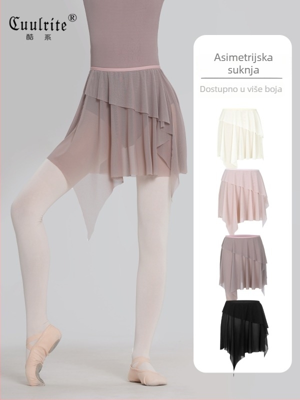 Odrasla baletna suknja s asimetričnom elastičnom mrežom, najlon materijal s podstavom od spandeksa, pogodna za balet i folklorni ples