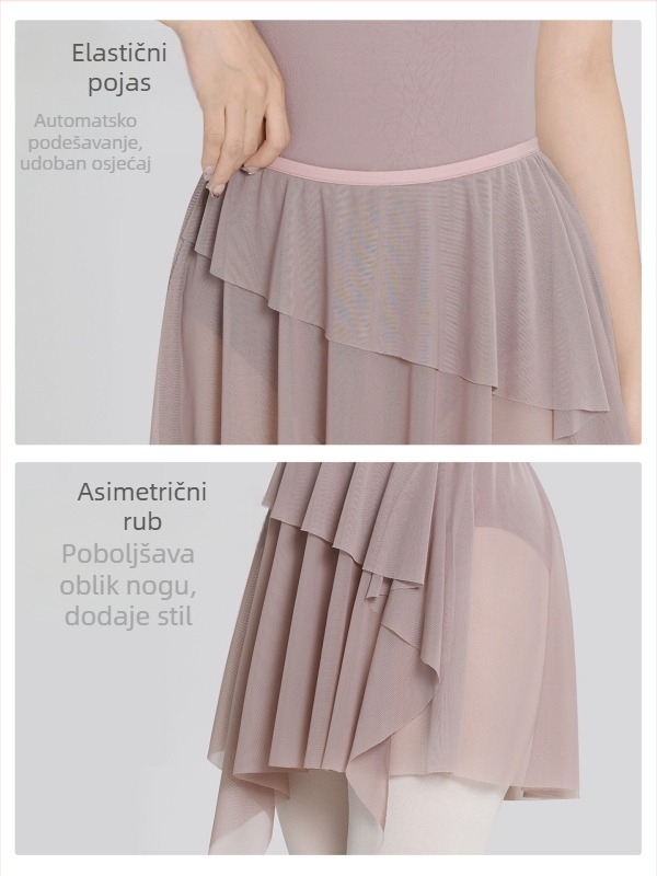 Odrasla baletna suknja s asimetričnom elastičnom mrežom, najlon materijal s podstavom od spandeksa, pogodna za balet i folklorni ples