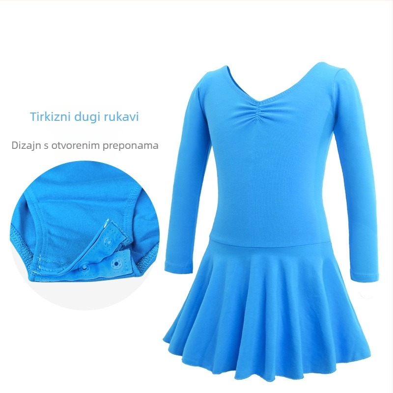 Dječji baletni jednopredni kostim s dugim rukavima za plesne ispite, pamuk-elastin tkanina 95% pamuka, stil princeza