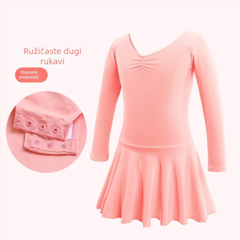 Dječji baletni jednopredni kostim s dugim rukavima za plesne ispite, pamuk-elastin tkanina 95% pamuka, stil princeza