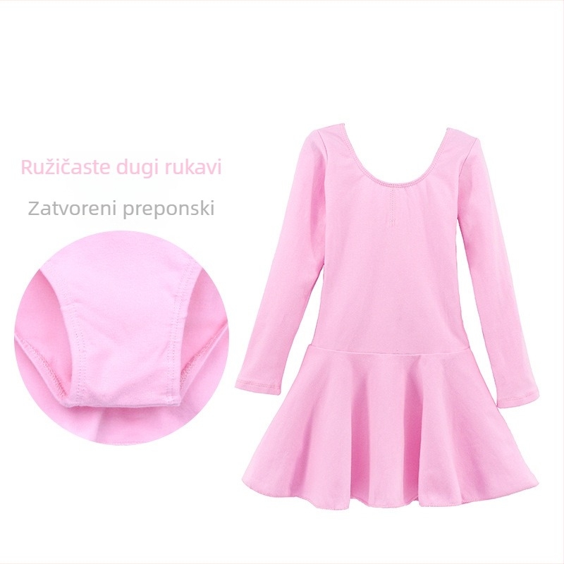 Dječji baletni jednopredni kostim s dugim rukavima za plesne ispite, pamuk-elastin tkanina 95% pamuka, stil princeza