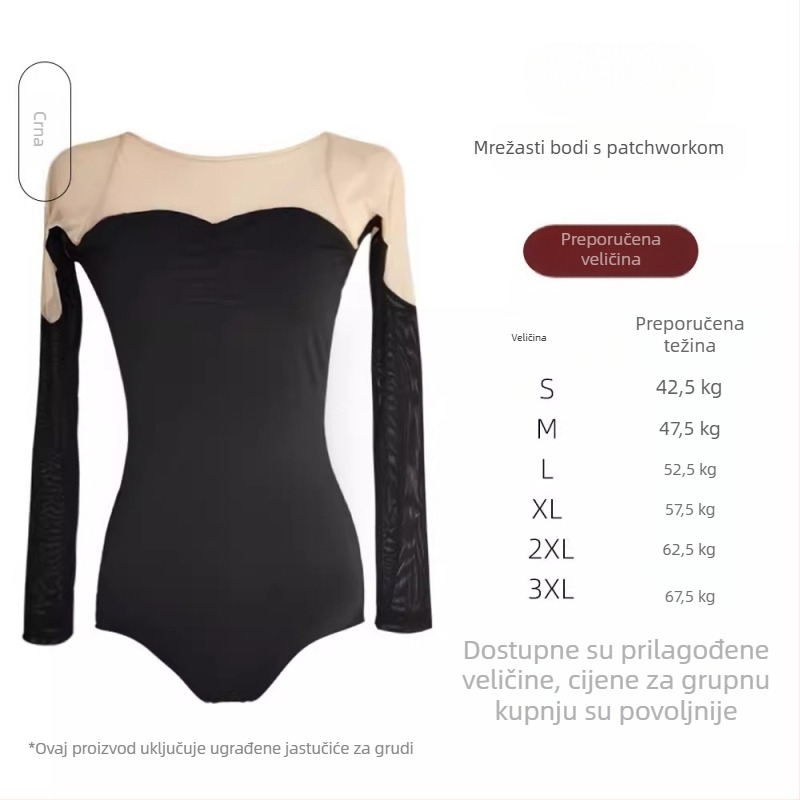 Crni kostim za klasični ples s mrežastim umetkom, elegantan leđni dio i kamelija kao detalj