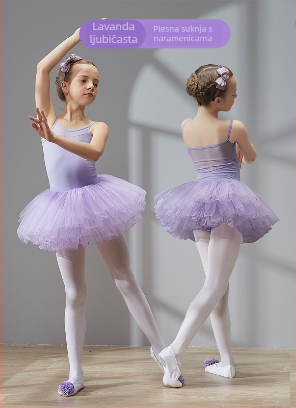 Dječja ljetna baletna haljina s pamukom-Lycra tkaninom, meka obrada, naramenice, za djecu 3–8 godina (100–140 cm)