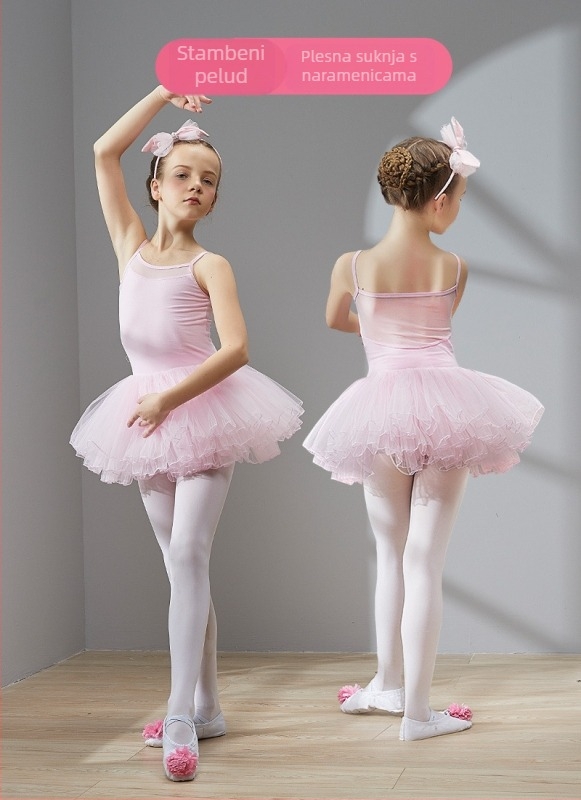 Dječja ljetna baletna haljina s pamukom-Lycra tkaninom, meka obrada, naramenice, za djecu 3–8 godina (100–140 cm)