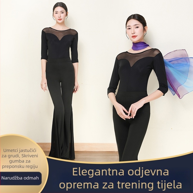 Moderni plesni kostim za odrasle žene, tkanina od Bamboo Charcoal Fiber, 80% najlon, podstava Bamboo Charcoal Fiber s 90% najlona, pogodan za balet, latino i društvene plesove, trening odjeća.