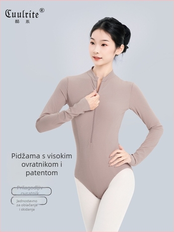 Bodi baleta za odrasle žene, dugi rukavi, stojeći ovratnik, zip, materijal najlon-elastin (78/22) s podstavom elastana, za jesen/zimu balet trening