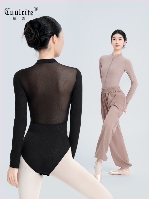 Bodi baleta za odrasle žene, dugi rukavi, stojeći ovratnik, zip, materijal najlon-elastin (78/22) s podstavom elastana, za jesen/zimu balet trening