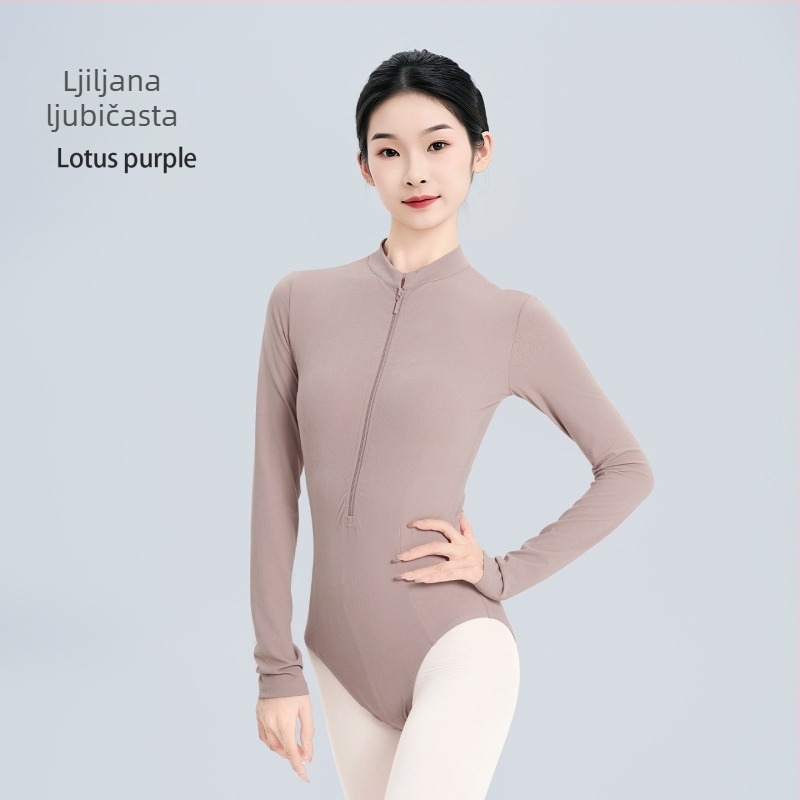 Bodi baleta za odrasle žene, dugi rukavi, stojeći ovratnik, zip, materijal najlon-elastin (78/22) s podstavom elastana, za jesen/zimu balet trening