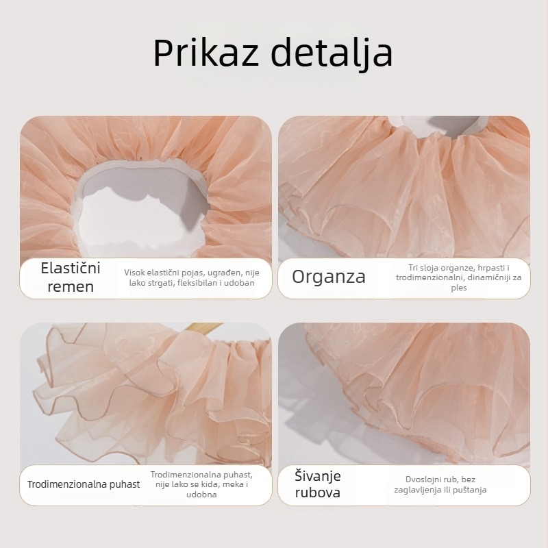 Dječja organza baletna tutu suknja, 100% poliester, mekan tretman, All-Match stil, plesna odjeća