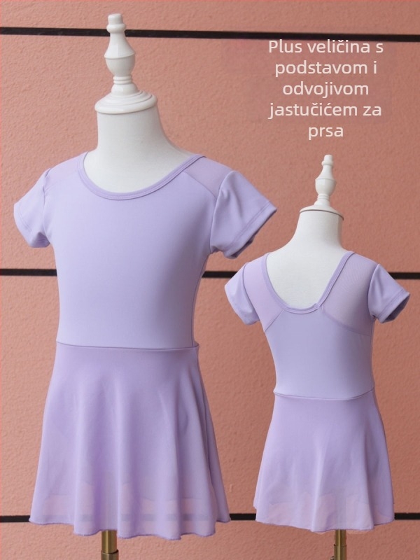 Dječja plesna odjeća: jednodelni kostim za balet i kineski ples, najlon 75%, kratki rukav, podstava, za djecu 8+ godina (visina 140 cm+), ljeto