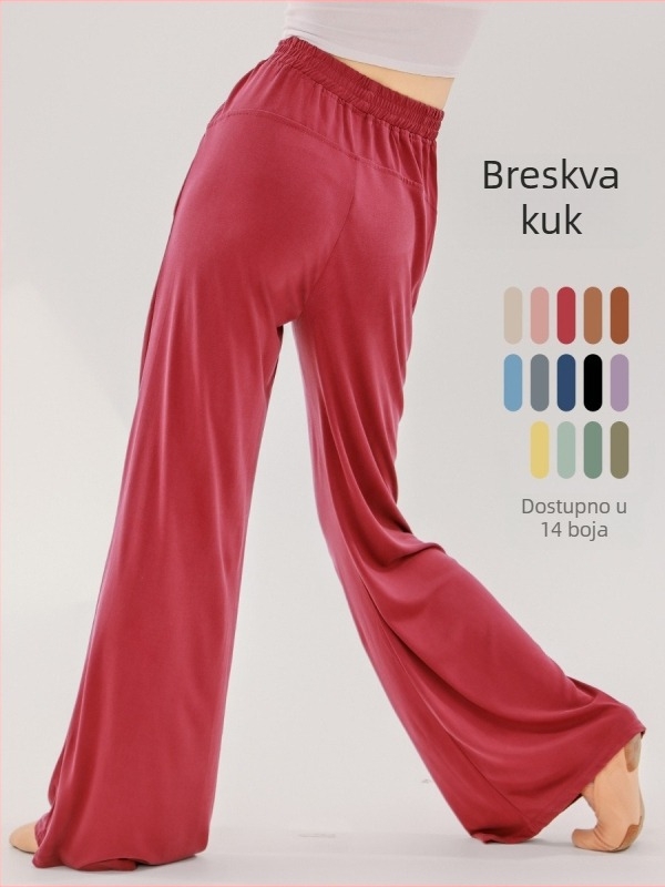 Plesne hlače, klasično elegantne, opuštena ravna linija sa širokim nogavicama; za kineski etnički ples i jogu; Cupro tkanina, 95% poliester, podstava Cupro 95%; za odrasle žene