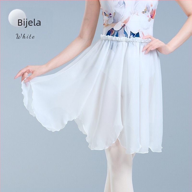 Baletna suknja za odrasle – srednje duljine šifonska suknja s elastičnim pojasom i podstavom od poliestera, pogodna za balet i moderni ples (šifonska suknja, elastični pojas, podstava od poliestera, 100% poliester)