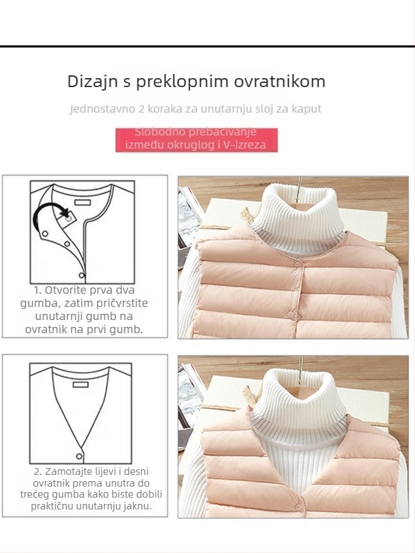 Ženska lagana perjasta jakna: 86-90% perja, vanjski najlon, okrugli ovratnik, dugi rukavi, jesen 2025
