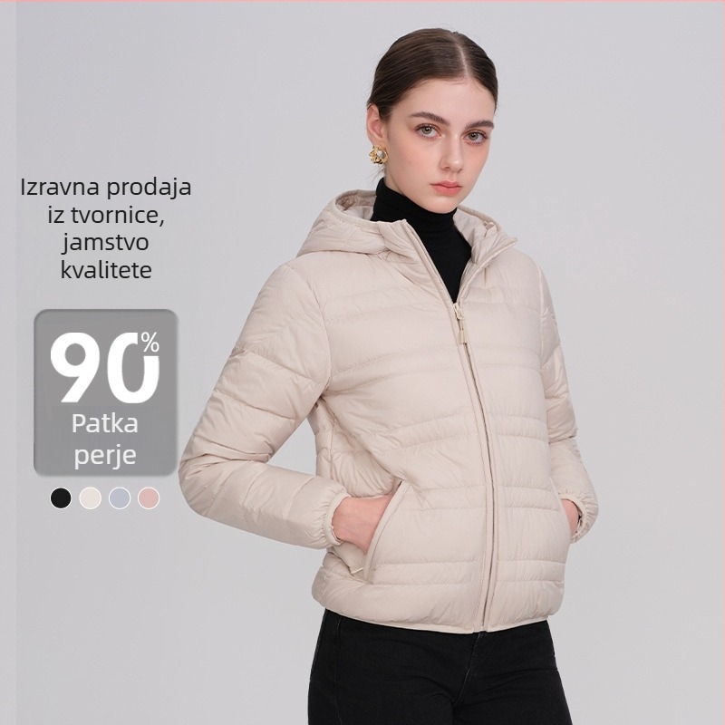 Ženska jakna s kapuljačom, lagana, standardna duljina, punilo perjem 86–90%