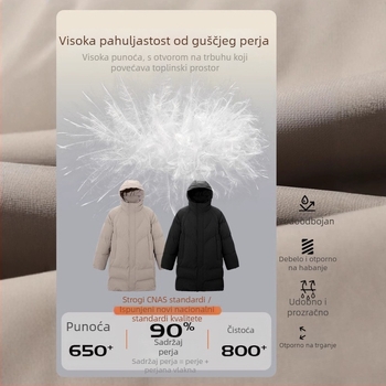 Muška jakna s bijelim patkom perjem, visok udio punila, pahuljasta, srednje duga, slobodan kroj, kapuljača, zip, zimska