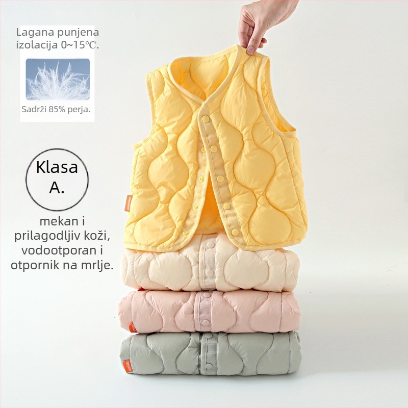 Dječja down vesta s 90% punila od patke perja, korejski stil, bez rukava, kratki ravni kroj, podstava od najlona, za djecu 3–8 godina