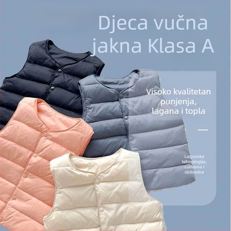 Dječja down vesta, bez rukava, kratki kroj, najlona podstava, 90% bijelog pačjeg perja