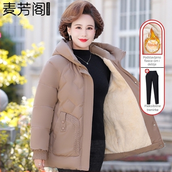 Zimska jakna s pamukovim punjenjem, fleece unutarnje obloge, kapuljača, zatvarač, srednje duljine (50–65 cm), vanjska tkanina od poliestera (>95%)