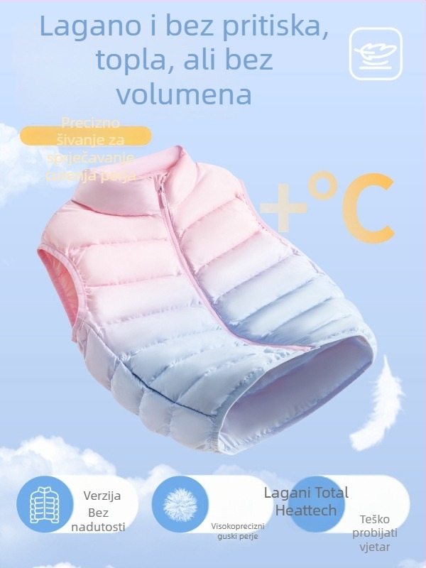 Dječja puffer vesta za djevojčice, bez rukava, jesen-zima, 81–85% patka perje, vanjski materijal 100% poliester, podstava 100% poliester, srednja duljina, zatvarač