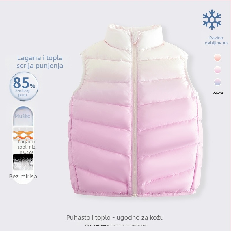 Dječja puffer vesta za djevojčice, bez rukava, jesen-zima, 81–85% patka perje, vanjski materijal 100% poliester, podstava 100% poliester, srednja duljina, zatvarač