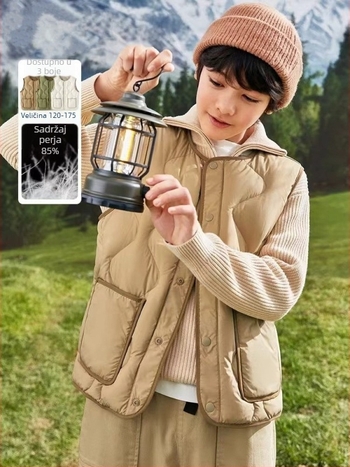 Dječja down vest, lagana, bez rukava, opuštenog kroja, punilo bijeli patka perje, podstava poliester, za djecu 8+ godina (preko 140 cm), jesen/zima.