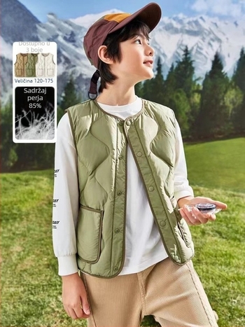 Dječja down vest, lagana, bez rukava, opuštenog kroja, punilo bijeli patka perje, podstava poliester, za djecu 8+ godina (preko 140 cm), jesen/zima.