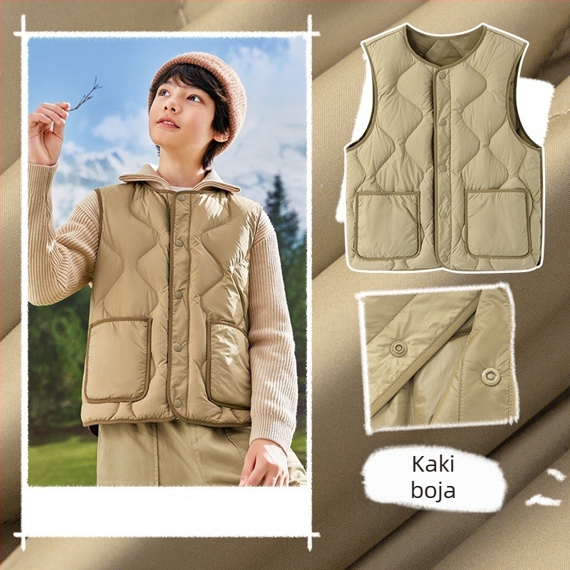 Dječja down vest, lagana, bez rukava, opuštenog kroja, punilo bijeli patka perje, podstava poliester, za djecu 8+ godina (preko 140 cm), jesen/zima.