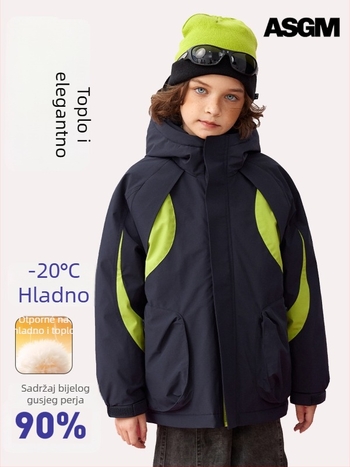 Asgm dječja jakna s downom, kapuljača, debela za ekstremni hlad, 86–90% bijeli gusji down, punjenje 107–170 g, srednja duljina, ležeran kroj, Zima 2025