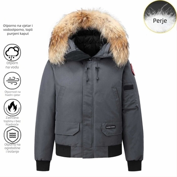 Puhasta jakna s krznenim ovratnikom i kapuljom, unisex, zima, 56–60% perja, 550 punjenja, prozračna