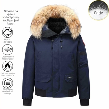 Puhasta jakna s krznenim ovratnikom i kapuljom, unisex, zima, 56–60% perja, 550 punjenja, prozračna
