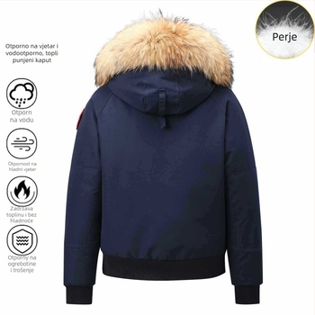 Puhasta jakna s krznenim ovratnikom i kapuljom, unisex, zima, 56–60% perja, 550 punjenja, prozračna