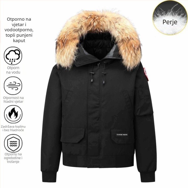 Puhasta jakna s krznenim ovratnikom i kapuljom, unisex, zima, 56–60% perja, 550 punjenja, prozračna
