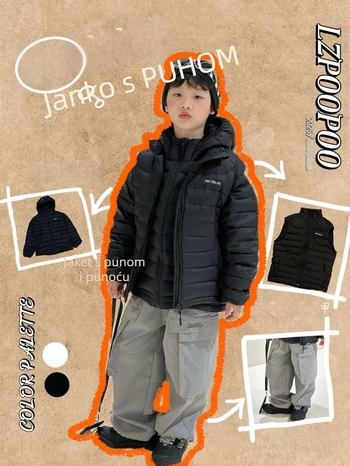 Dječja vesta od perja, bez rukava, kratka, ležeran kroj; punilo: pačje perje; udio punila 86–90%; vanjski materijal: najlonski; podstava: najlonska; zatvarač; za djecu stariju od 8 godina (viša od 140 cm); zima 2025
