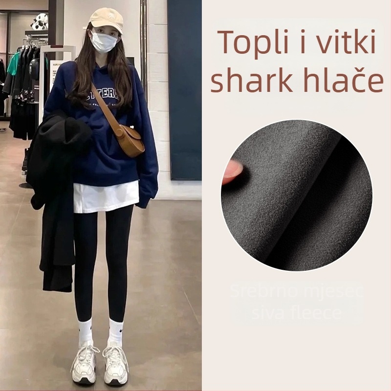 Ženske hlače s fleeceom u Shark stilu, uskog kroja, tople, duljina 9/10, jesen 2025
