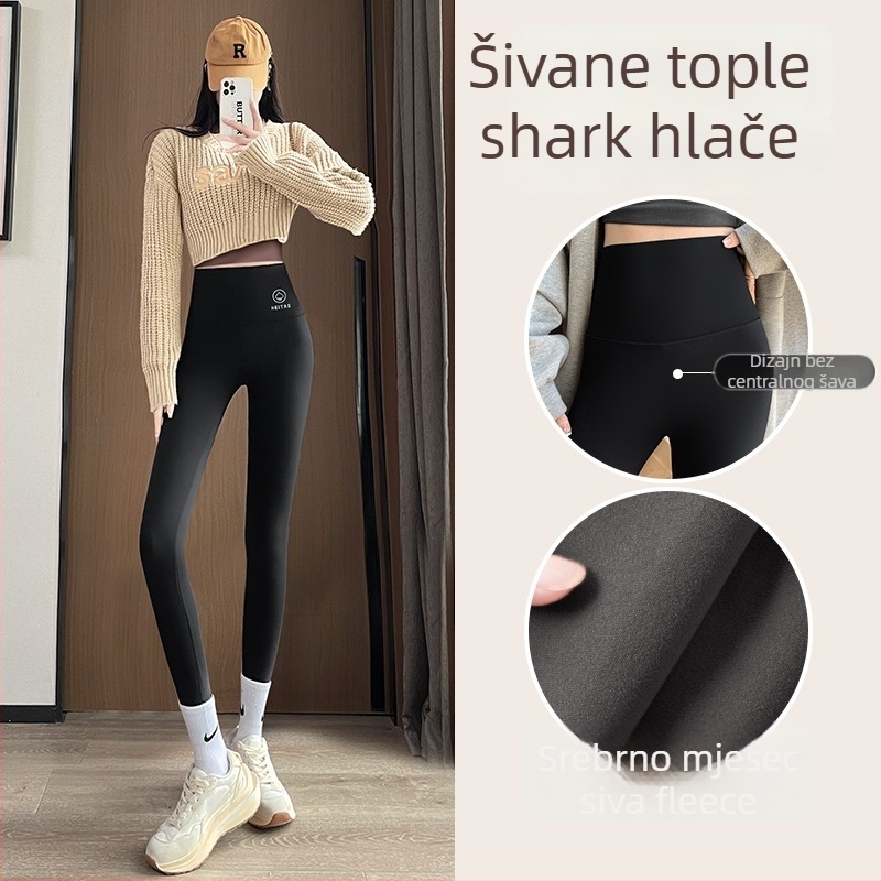 Ženske hlače s fleeceom u Shark stilu, uskog kroja, tople, duljina 9/10, jesen 2025