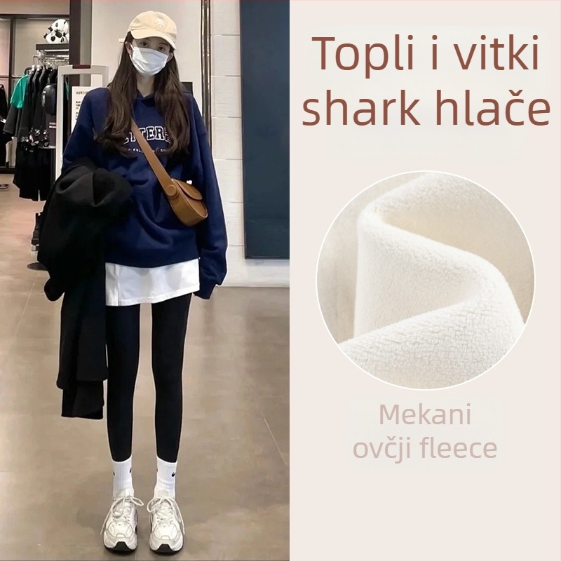 Ženske hlače s fleeceom u Shark stilu, uskog kroja, tople, duljina 9/10, jesen 2025