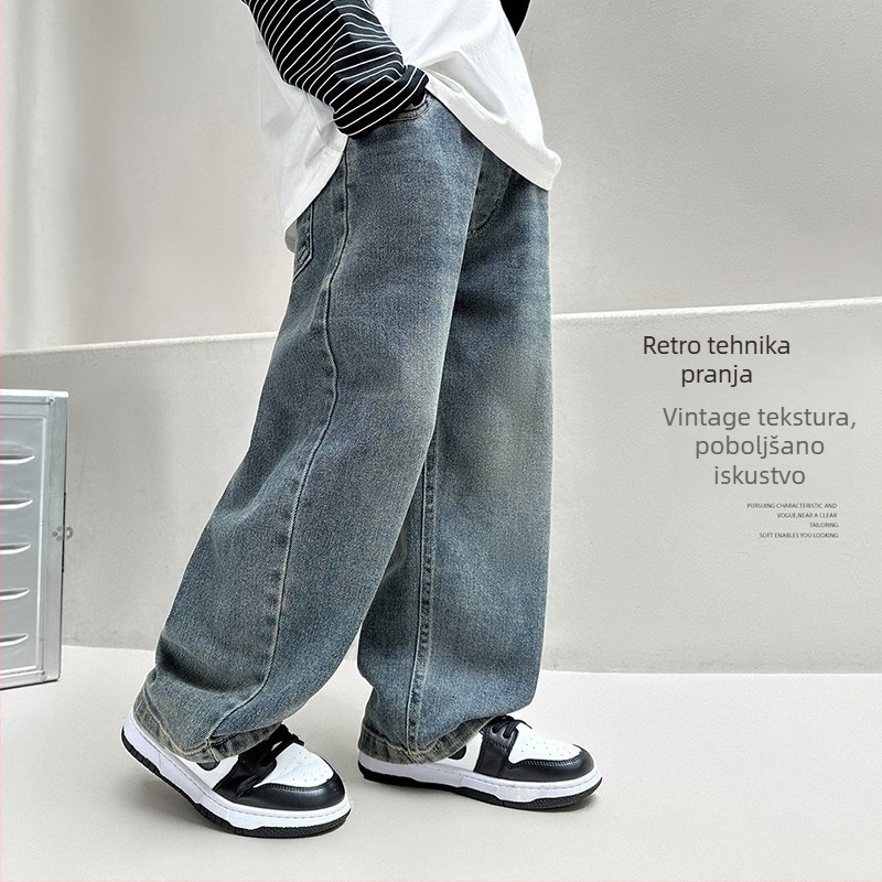 Dječje traperice s fleece podstavom, pamuk denim, visoki pas, ravni kroj, zatvaranje gumbom/zipom
