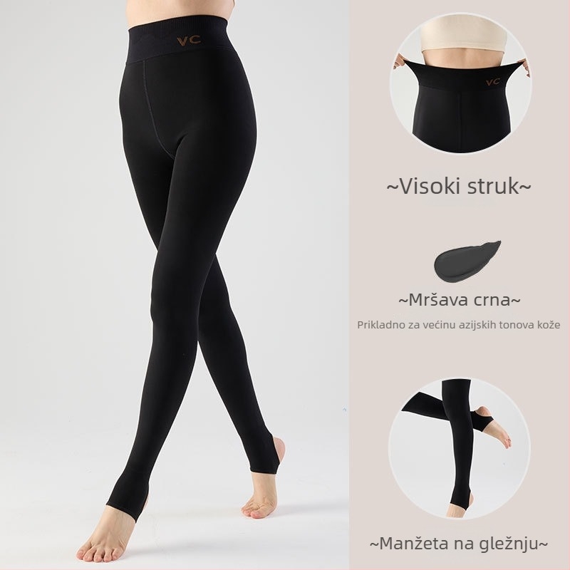 Crne prozirne sjajne tajice s flisom, visokim strukom, all-in-one hlače za jesen-zimu