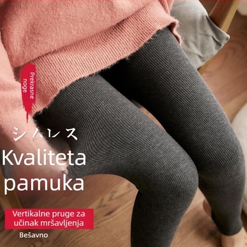Ženske pamučne legice s fleec podstavom, vertikalne pruge, visokim strukom, tople