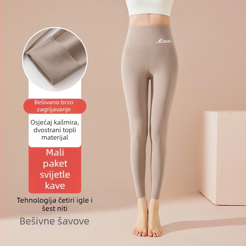 Ženske termo legice s visokim strukom, flis podstava, bez šavova, debeli materijal, Derong tkanina, poliester-elastin