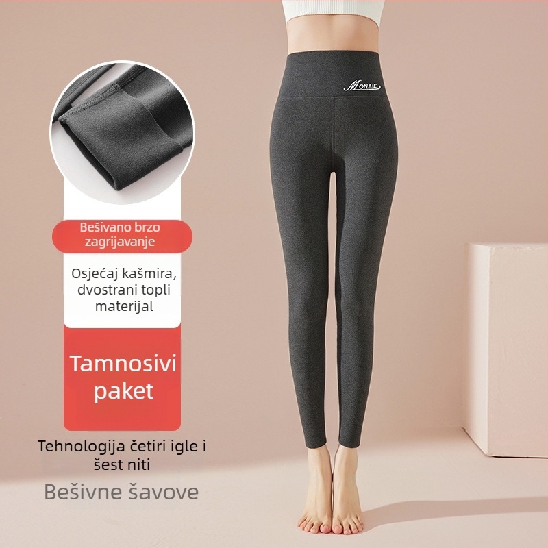 Ženske termo legice s visokim strukom, flis podstava, bez šavova, debeli materijal, Derong tkanina, poliester-elastin