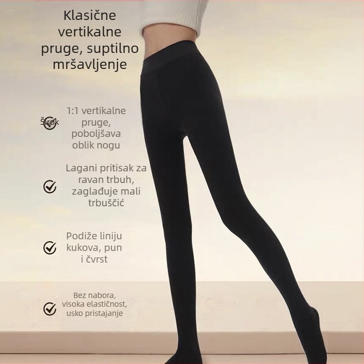 Ženske debeli flis legice s fleecem za jesen-zimu, vertikalnim prugama, crno-siva, toplo i oblikuje tijelo