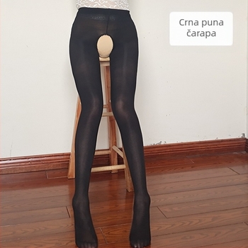 Crne velur čarape s otvorom u preponi, srednje debeli, plus veličina, seksi, navučene, za proljeće-jesen-zimu