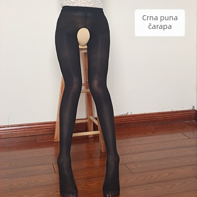 Crne velur čarape s otvorom u preponi, srednje debeli, plus veličina, seksi, navučene, za proljeće-jesen-zimu